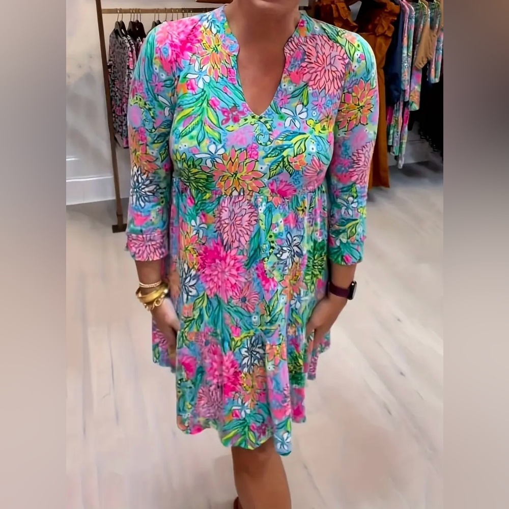 NEW Floral V-Neck Alaina Sea Breeze Blue Walking On Sunshine Swing Dress XL - Picture 4 of 6